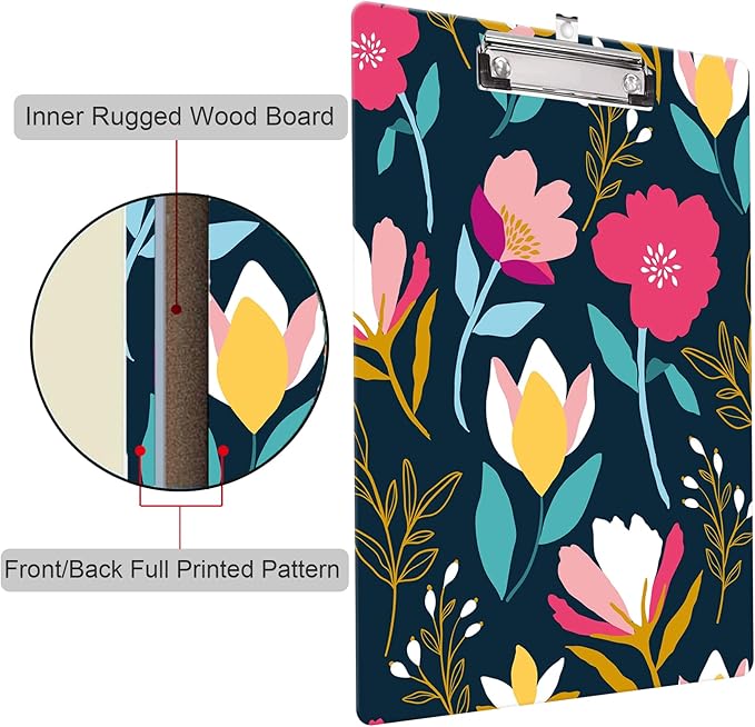 Fashion Clipboard, A4 Letter Size Wooden Decorative Clipboards for Teacher, Nurse, Doctor,Student and Kids, Cute Design for Standard Size 12.2" x 8.9"(C-Charming Flower)