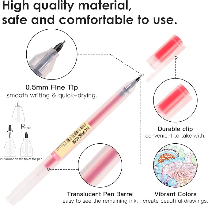 Colored Gel Pens, 0.5mm Fine Tip Pens, No Bleed, Quick Dry, 15 Pack Japanese Style Ball Point Journaling Pen for Coloring, Note Taking, Office School Supplies