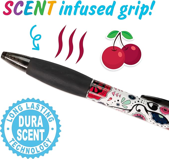 Sugar Skull Smens - Patented Gourmet Scented Pens, Black Ink, Medium Point - 8 Count