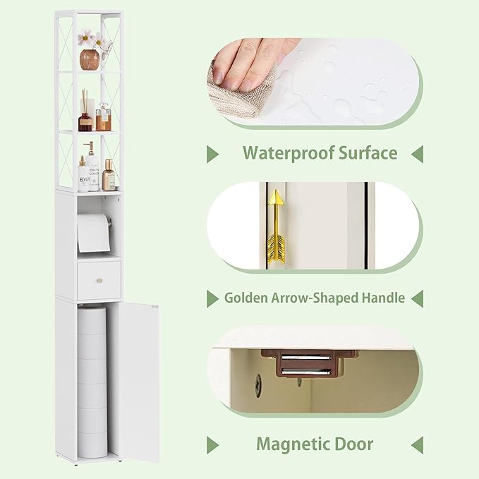 VECELO Narrow Bathroom Storage Cabinet with X-Frame Metal Design, 67" Tall Freestanding Cabinet with Toilet Paper Holder, Slim Tower Cabinet with Magnetic Door & Drawer, for Small Spaces, White