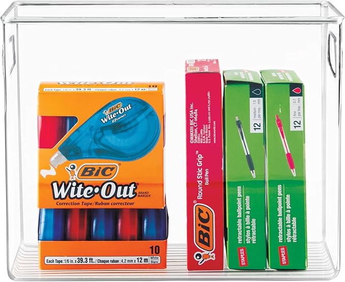 mDesign Tall Plastic Office Storage Bin with Handles - Organizer Bins for Cabinets, Drawers, Desks, Workspace - Containers and Baskets for Pens, Pencils, Highlighters and Notebooks - 2 Pack - Clear