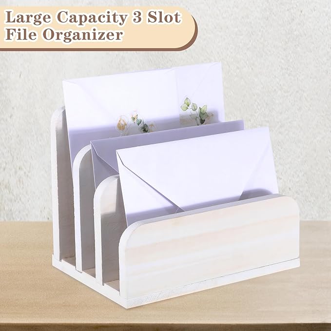 Wooden Mail Holder 3 Slots Mail Organizer for Desk Wood File Paper Letter Sorter for Letter Envelope Filing Cell Phone Document Storage, Organizer Tray for Office and Home (White)