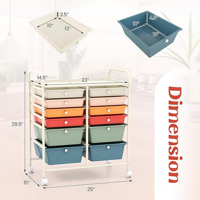 COSTWAY 12-Drawer Rolling Storage Cart, Moveable Art Craft Organizer W/Lockable Wheels, Metal Shelf, Files Arrangement Tools Makeup Storage Cart for Office, Home, School, Macaron