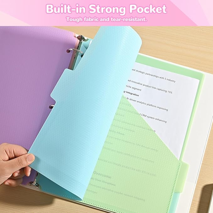 SUIN 5-Tab Binder Dividers with Pockets - Heavy Duty Plastic Dividers for 3 Ring Binder, Letter Size Poly Page Separators with Tabs & Label Stickers, Diamond Texture, 5 Pastel Colors, 2-Pack