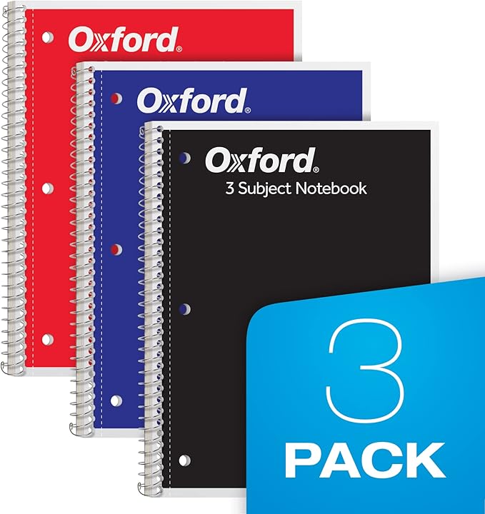 Oxford Spiral Notebooks, 3 Subject, College Ruled Notebooks for School, 8 x 10.5 Inches, 120 Sheets, 2 Dividers, Assorted Colors, Back to School Supplies (65202) (Pack of 12)