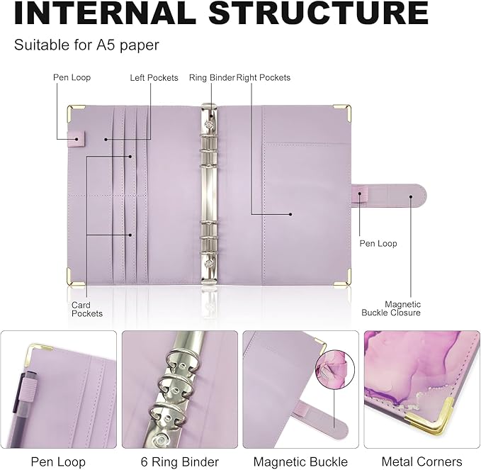 A5 Refillable 6 Ring Faux Leather Budget Binder,Mini Notebook Binder Cover for A5 Filler Paper,Loose Leaf Personal Planner Cover with Magnetic Buckle Closure(Marble Purple)