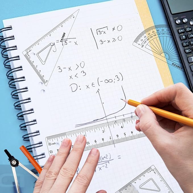 Geometry Set, 4PCS Geometry Kit for Students, Clear Protector, 6in Ruler, 2 Triangles, Metric and Imperial Scales