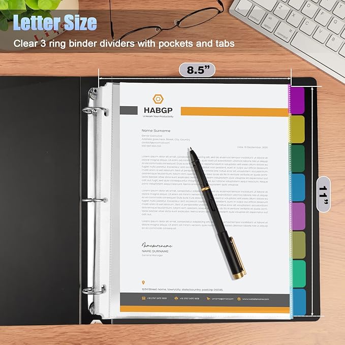 HABGP 16Pcs/2 Set Clear Sheet Protectors for 3 Ring Binder Letter Size, 8 Tab Plastic Dividers With Pockets and Tabs, Page Protectors 8.5x11
