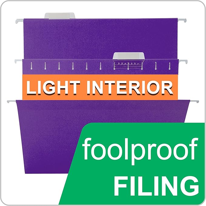 Purple Hanging File Folders,50 Packs Letter Size File Folder,Designed for Bulky Files,Filing Cabinet,1/5 Adjustable Tabs for Office,School,Home