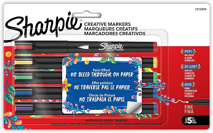 Sharpie Creative Markers, Water-Based Acrylic Paint Markers, Fine Tip, Assorted, 5 Count