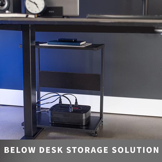 VIVO Mobile PC Cart with Storage, 2-Tier Shelf CPU Holder, Fits Oversized Gaming PC’s, Printers, Gaming Systems, and More, Computer Tower Floor Stand with Wheels, Black, CART-PC03
