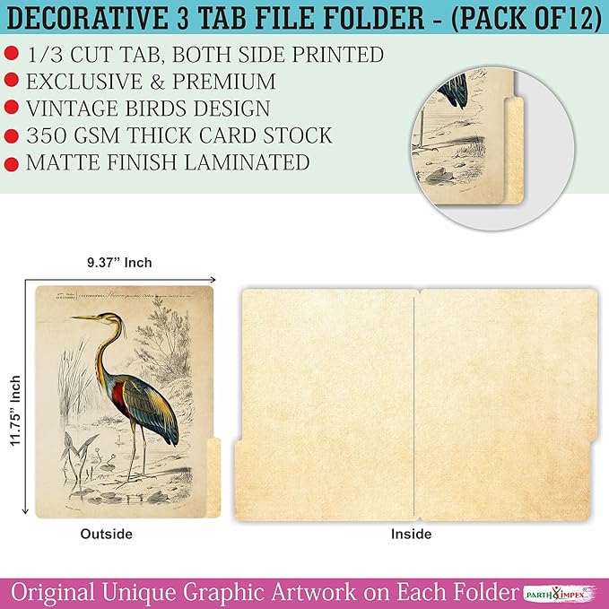 PARTH IMPEX 12 Pack Decorative File Folders, 1/3 Cut Tab with Assorted Positions, Letter Size Paper Holders (9.75” x 11.75”) Matte Finish Laminated for Office School Work - Vintage Birds Design