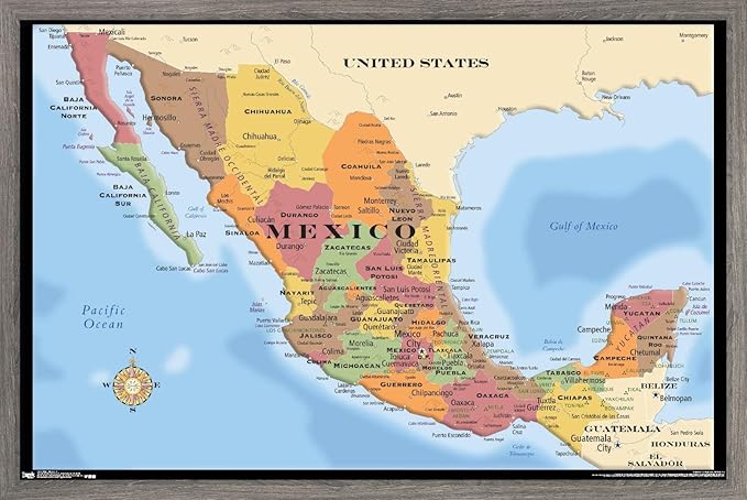 Trends International Map - Mexico Wall Poster, 14.725" x 22.375", Barnwood Framed Version