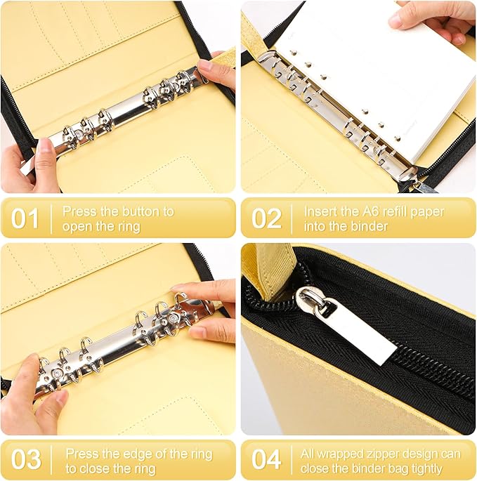 Toplive A6 Budget Binder with Zipper, 6 Ring Refillable Planner Binder Cover for A6 Cash Budget System, PU Leather Personal Organizer Personal Wallet Binder, Glitter Gold