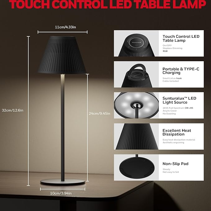 Honeywell M1 Cordless Small Table Lamp Rechargeable, 5200mAh Battery Operated LED Table Lamp, 4 Color 9RGB Stepless Dimmable Touch Control Night Light for Bedroom Restaurant Bedside (1, Black)