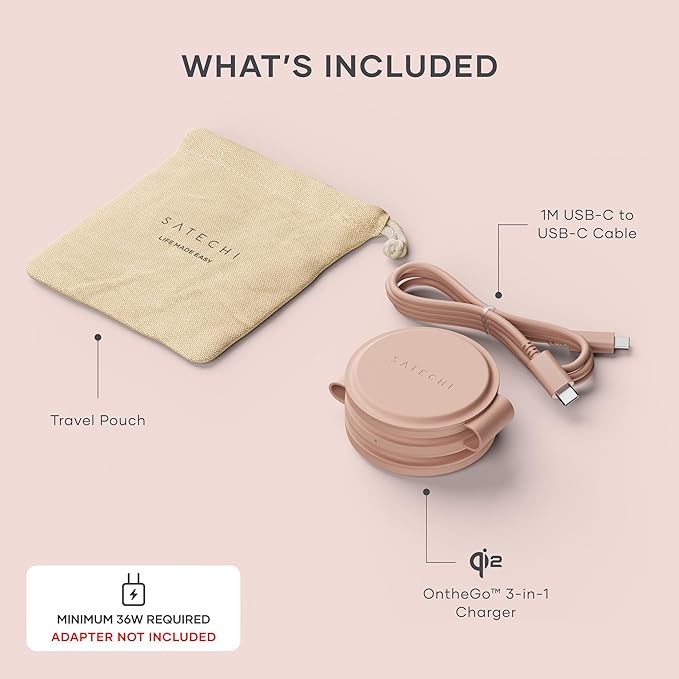 Satechi OntheGo™ 3 in 1 Wireless Charger, Qi2 Portable Charger with 15W Fast Charging for iPhone 17 to 12 series, 5W for Apple Watch, and 5W for AirPods, Magnetic Travel Charging Station – Desert Rose