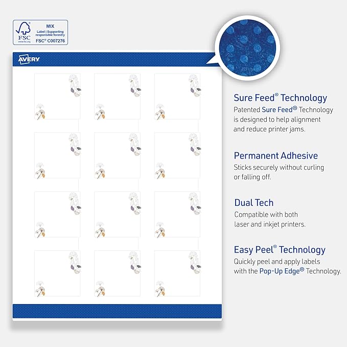 Avery Printable Square Labels with Sure Feed Technology, Pre-Printed Silver Metallic with Gingko Leaves Design, Matte White, 2" x 2", Laser & Inkjet Compatible, 120 Total