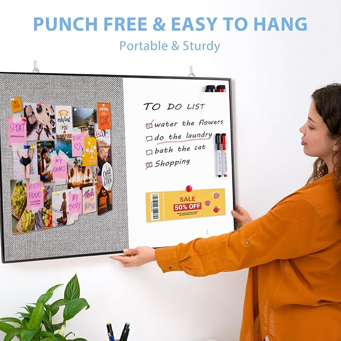 ARCOBIS Cork Board White Board Combo, 36"X24" Linen Bulletin Board Whiteboard for Wall, Magnetic Dry Erase Corkboard for Home, Office, School, Grey