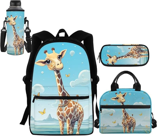 Giraffe Backpack for Girls 6-8 8-10 10-12 Boys School Bag with Lunch Box and Pencil Case Kids Schoolbag Elementary Kindergarten Preschool Middle School Bookbag Water Bottle Cover
