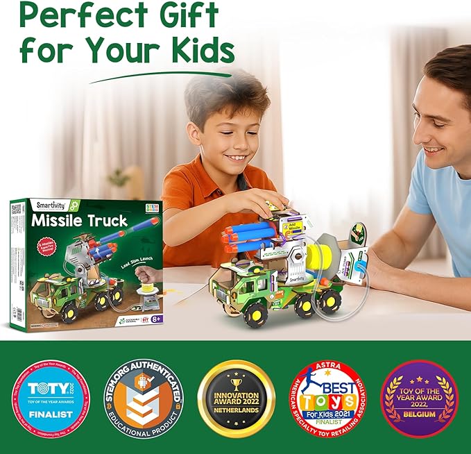 Smartivity Missile Truck - STEM Toy for Kids | Build Your Own Millitary Truck with Air-Powered -Rotating Launcher | Birthday Gift for Smart Kids | Toy for Boys & Girls Ages 8,9,10,11,12,13,14 Years