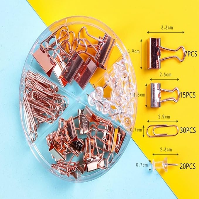 72 Pcs Gold Push Pins Paper Clips Binder Clips Tacks,4 Styles Office Supplies Set with Box for Office School Home Office Binder Supplies