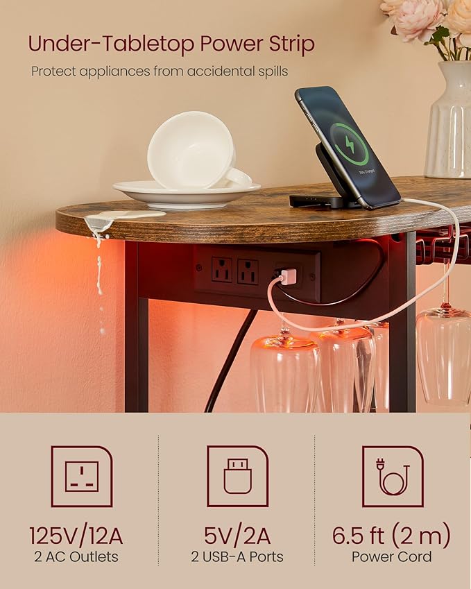 VASAGLE Bar Cabinets for Home, LED Coffee Bar with Power Outlets, Home Mini Bar for Liquor, Freestanding Wine Rack with Glass Holder, Kitchen, Dining Room, Rustic Brown ULWR007K01