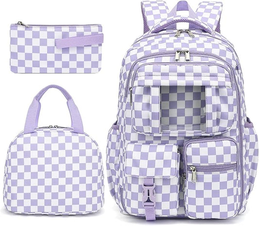 Girls School Backpack Set - Teens Kids School Bag Bookbag with Lunch Box Pencil Case for Elementary Middle School (Checkered Purple)