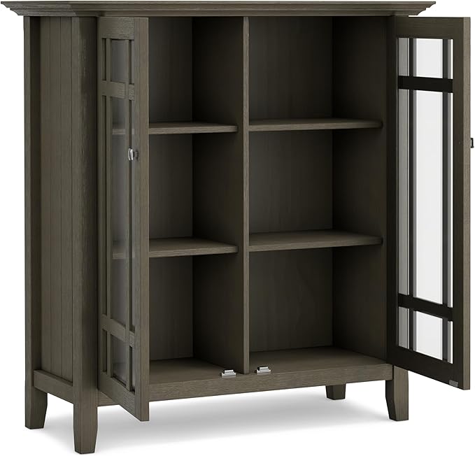 SIMPLIHOME Bedford Storage Cabinet - 39 inch Wide Solid Wood Medium Cabinet in Farmhouse Grey, Transitional Console for Living Room, Entryway, or Dining Room with Glass Doors and Adjustable Shelves