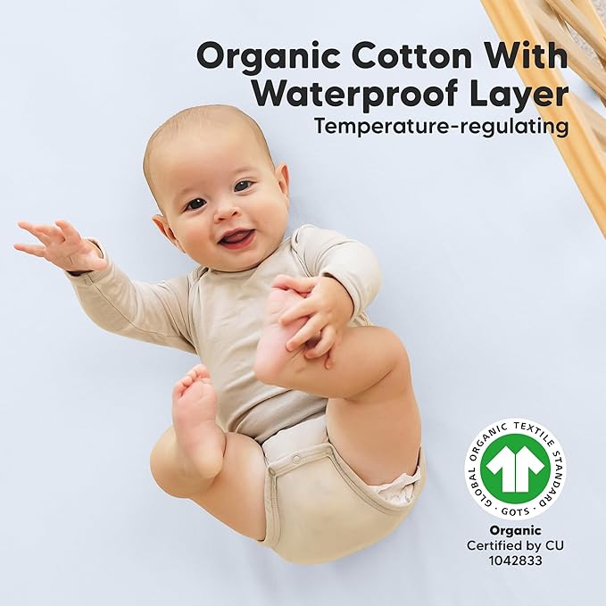 2-Pack Waterproof Crib Sheets for Boys, Girls - 52x28 Fitted Organic Cotton Baby Crib Sheets, Toddler Mattress Protector Cover, Washable, Soft & Durable Baby Bedding Essentials (Blue Flax)