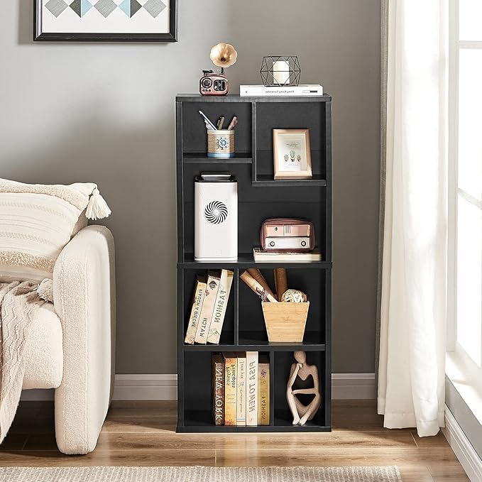VECELO 42 Inch High Bookcase, 4-Tier Modern Storage Cabinet with Height Difference Shelves for Standard Textbooks, Floor Standing Display, 7 Cubes, Horizontal Avaiable, Easy Assembly, Black