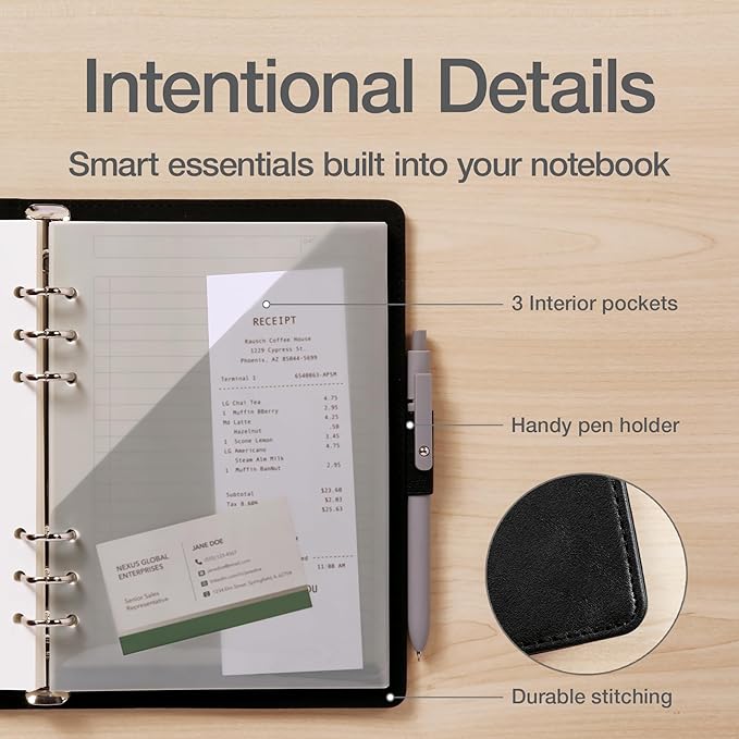 Oxford 6-Ring Professional Notebook, 7 x 9 Inch, Refillable Notebook, Writing Journal, Ivory Paper, 100 Sheets, Black Faux Leather Cover (90004)