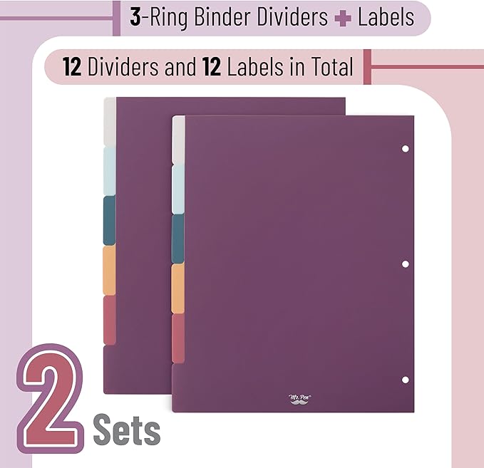 Mr. Pen - 6 Tab Binder Dividers, Pack of 2 Sets (12 Dividers Total), Plastic for 3 Ring Binder