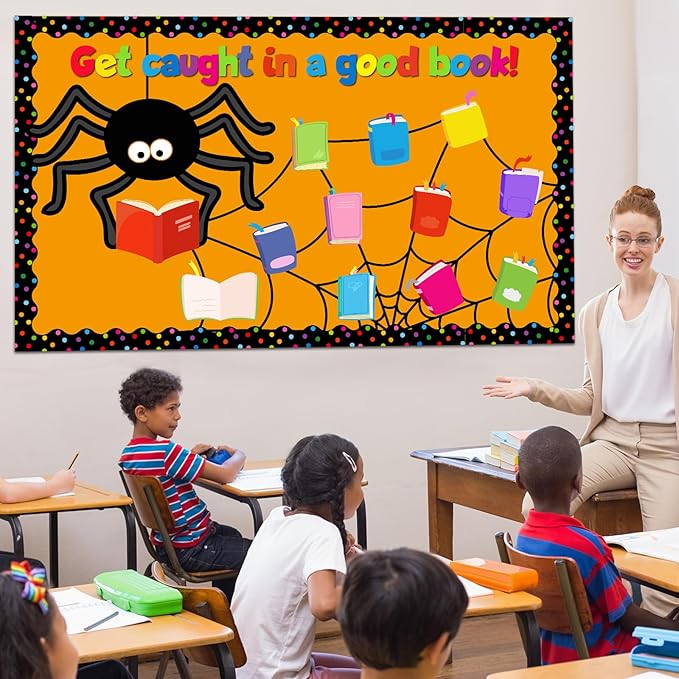 Pasimy Halloween Reading Bulletin Board Decorations Book Classroom Decor Library Bulletin Board Set Spider Paper Cutouts Border for Halloween Fall Holiday Office Home Wall Door Craft Supplies