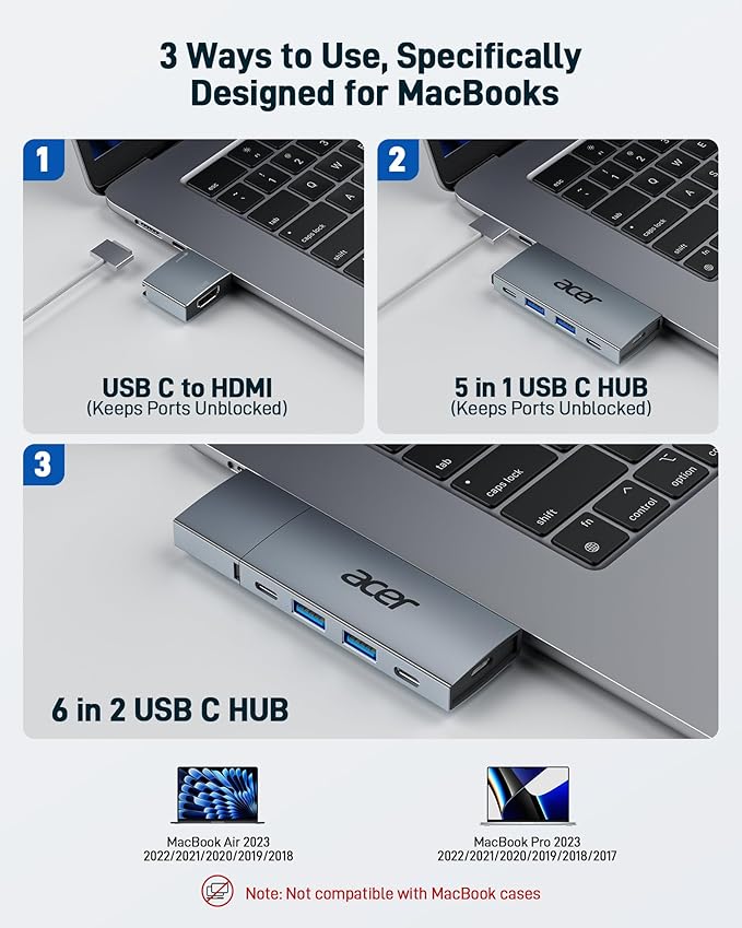 Acer 6 in 2 Detachable USB C Mac HDMI Adapter Multiport Hub Dongle for MacBook Pro/Air M3 M2 M1 13"-16" with 4K@60Hz, Compatible with Thunderbolt 3/4, 100W PD Charging, 2 USBA & 2 USBC 3.0 Data Ports
