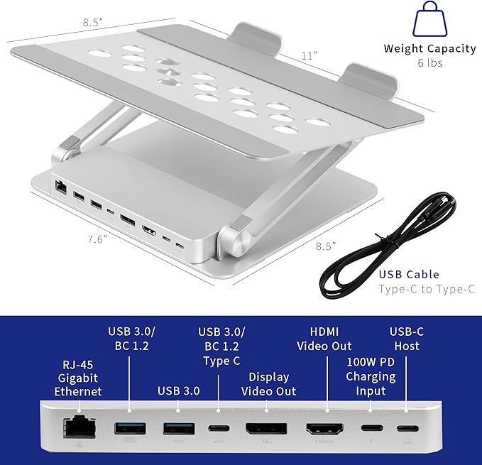 VIVO Universal 11 x 9 inch Height Adjustable Ergonomic Laptop Riser Docking Station with USB-C, USB-A, HDMI 4K60, DP 4K60, PD, RJ45, Tabletop Desk Stand Power Hub, Silver, STAND-V000LD