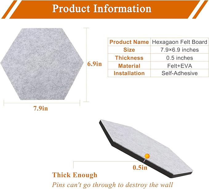 8 Pcs Hexagon Felt Cork Bulletin Board Tiles, Self Adhesive DIY Bulletin Board Pin Board for Office School Home Wall Decor Memos Photos Display(Light Purple)