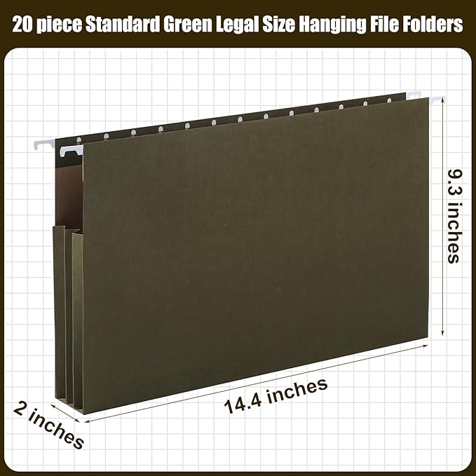 20 Pack Extra Capacity Hanging File Folders with Tabs Reinforced Legal Size Hanging Folders Expandable, Heavy Duty 2 Inch Expansion Designed for Bulky Files Medical Charts(Green)