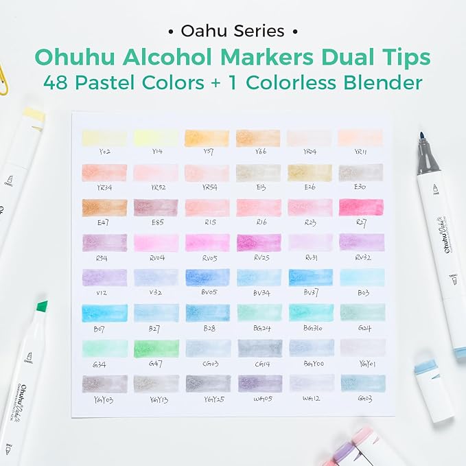 Ohuhu Alcohol Markers 48 Pastel Colors: AP Certificated Double Tipped Art Marker Set for Artists Adults Coloring Illustration - Chisel and Fine Dual Tips - Oahu of Ohuhu Markers - Refillable