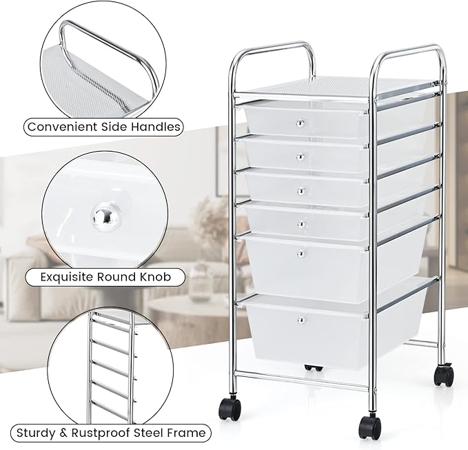 COSTWAY 6-Drawer Rolling Storage Cart, Multifunctional Art Craft Tools Organizer on Wheels, Heavy Duty Utility Mobile Storage Trolley w/ 2 Lockable Wheels for Home Office School (Clear)