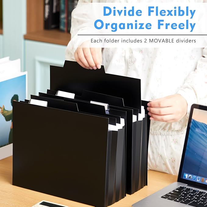 5 Pcs Plastic Extra Capacity Hanging File Folders, 5 Inch Expanding Pocket with Movable Dividers, Letter Size Black File Folders with Insertable Tabs for Filing Cabinet