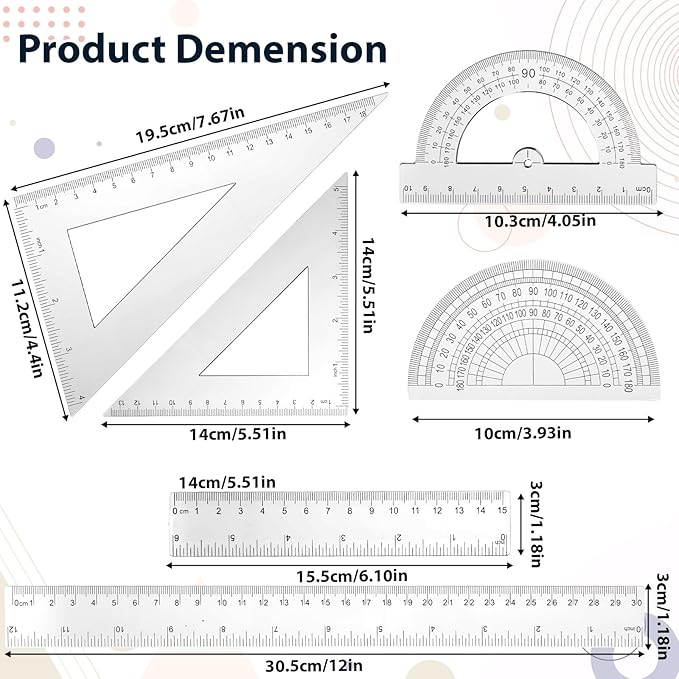 6pcs Transparent Plastic Geometry Kit Plastic Clear Ruler Math Set, Includes 6/12 Inch Straight Rulers, 2 Protractors 180 Degree, 2 Triangle Rulers Measuring Tool for Office Home Drawings