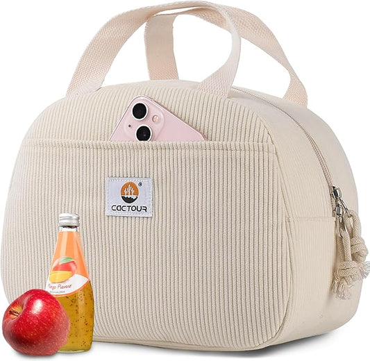 Lunch Bag Lunch Box for Women Girls Teens, Cute Lunch Box Cooler Bag,Portable Small Reusable Corduroy Insulated LunchBox for Work/Travel/Picnic/School (Beige)