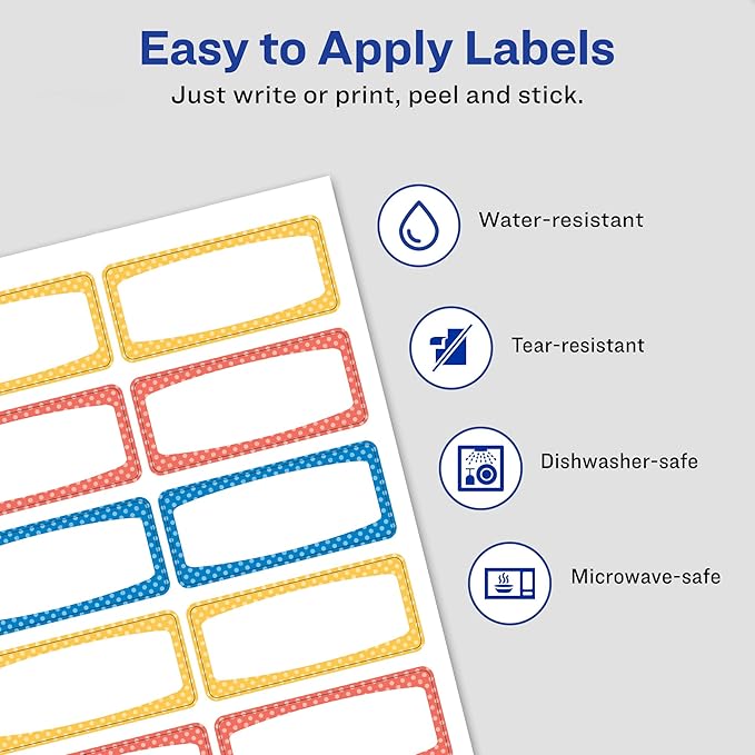 Avery Durable Labels for Kids' Gear,3/4" x 1-3/4",Assorted Border Colors,Water-Resistant Labels,60 Total (41442),(Pack of 2)