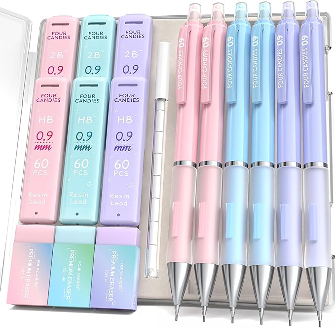 Four Candies Mechanical Pencil Set - 0.9 mm (Bold Point), 6PCS Cute Pencils Mechanical with 360PCS (HB & 2B) Lead Refills & 12PCS Erasers & 1PCS Storage Case, Pastel Aesthetic Lead Pencils for School