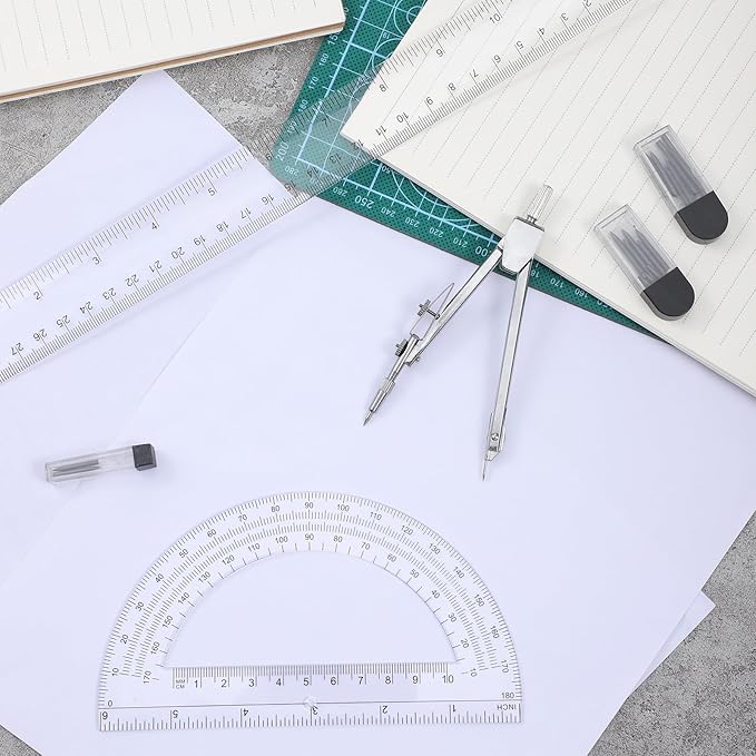3 Pcs Clear Protractor and Compasses 12 Inch Ruler Set, Geometry Math Transparent Measuring Tools, Transparent Drawing Measuring Rulers for Office Woodworking Art Drawing
