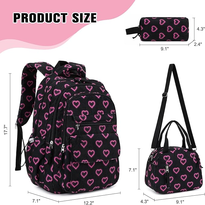 Bevalsa Backpack for Gilrs, 3PCS Corduroy Kids Backpack Set with Lunch Box & Pencil Pouch, Bookbag Daypack Laptop Bag for Women Teens Elementary Middle High School