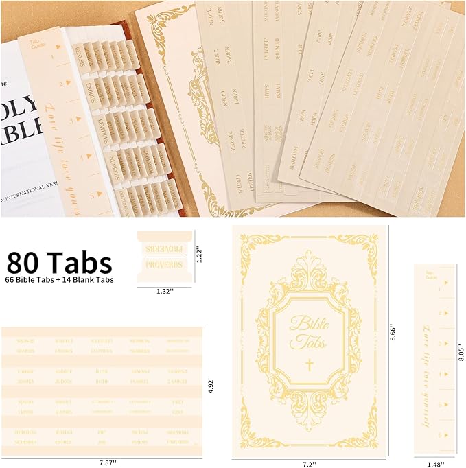 Leather Bible Tabs, Bible Tabs for Women and Men(Gold Foil Lettering) Large Print Stickers, Easy to Read and Apply, 66 Chapters & 14 Blank DIY Labels for Easy Navigation, Christian Accessories(Beige)