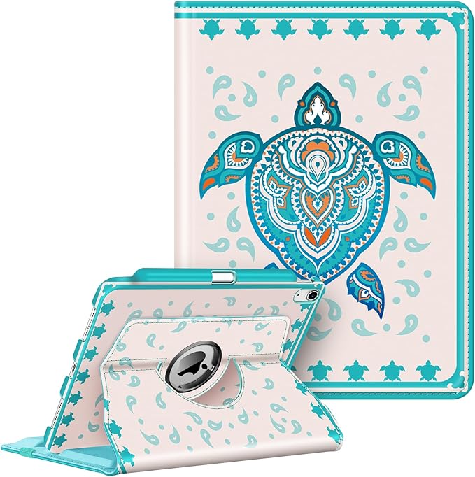 Fintie Rotating Case for iPad (A16) 11th Generation 11 Inch (2025), iPad 10th Generation 10.9 Inch (2022) - [Built-in Pencil Holder] 360 Degree Rotating Protective Stand Cover, Green Sea Turtle