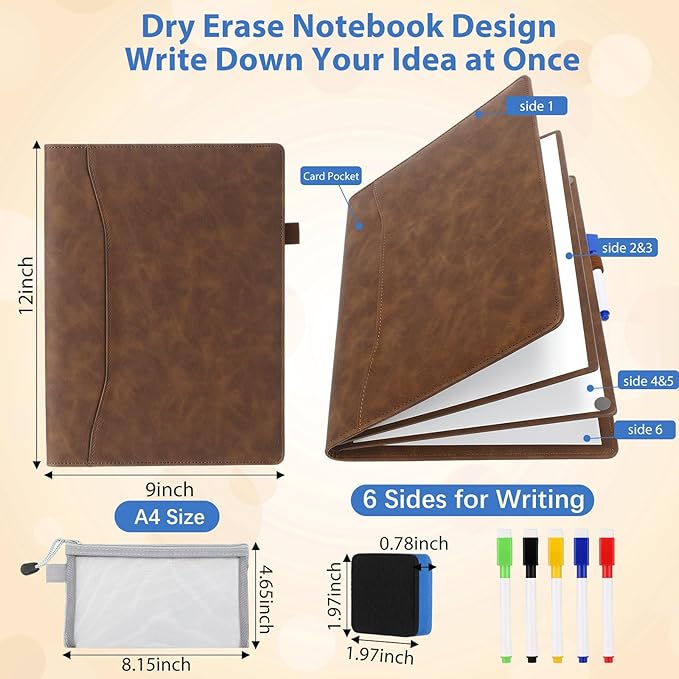 Feifeiya 6 Sides Dry Erase Notebook Portable Whiteboards Notebook 12"x9"(a4) Small Reusable Whiteboard Notepad Foldable Anti-ghosting Surface, Travel White Board for Office Study Meeting Planning