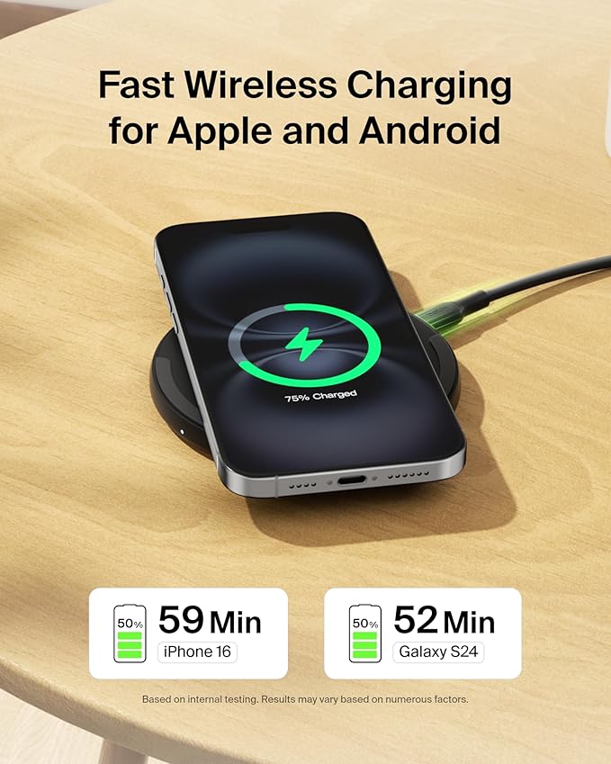 Belkin Wireless Charging Pad 15W - Qi Charger, Charging Station for Apple iPhone 17, iPhone 16/15/14 Series, AirPods, Samsung Galaxy S25, Galaxy S24, Pixel - 5ft Cable Included - Black